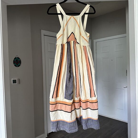 Free People Striped Bloom Dress Size XS Ivory Natural Textured Apron Midi - Picture 2 of 9